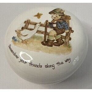 Vintage Ceramic Signed Trinket Box with Decal 1983‎ Boy Duck Leiderhosen
